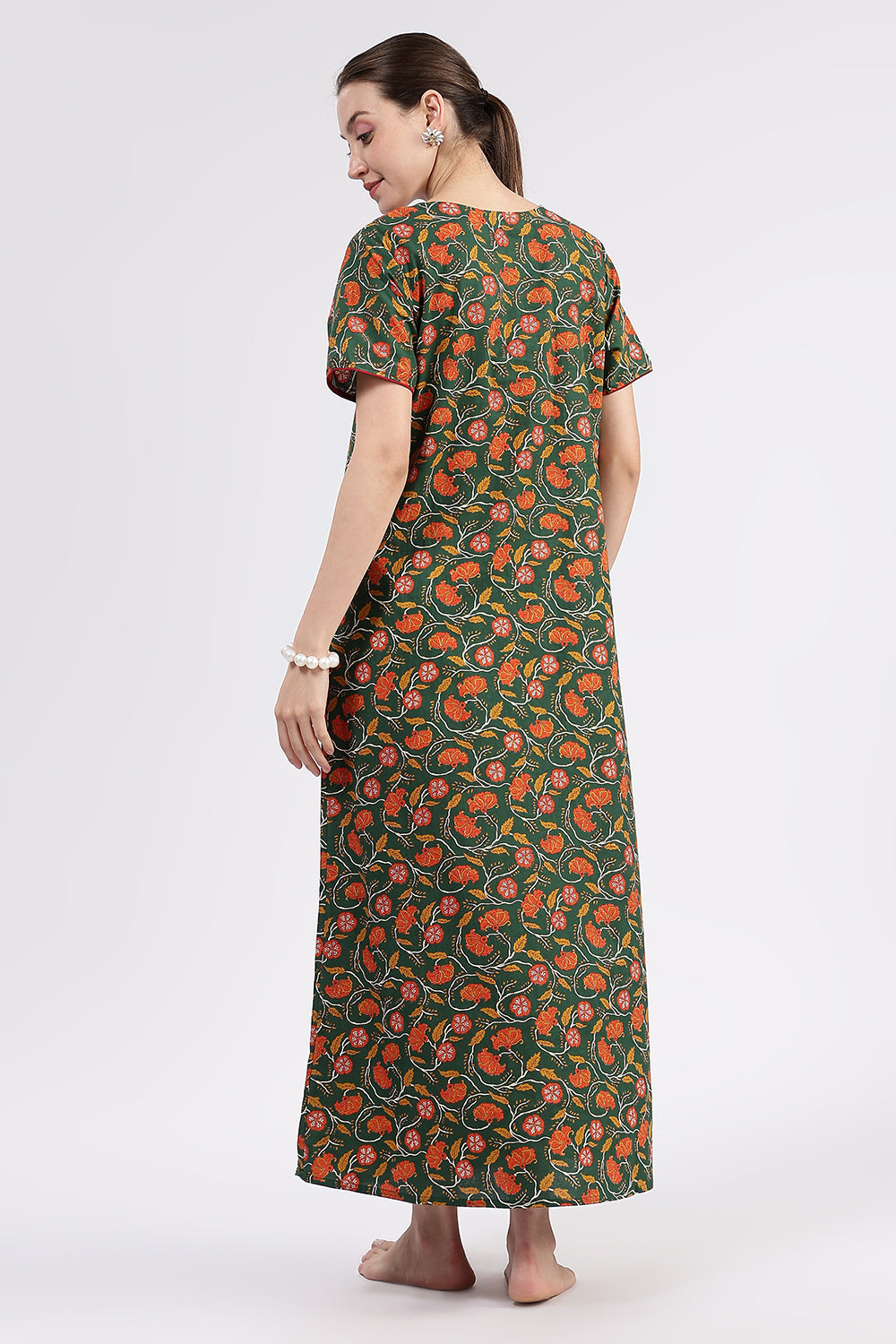Naidu Hall Women’s Printed Cotton Full Length Nighty with Round Neck and Contrast Piping Detail
- Green - NA96