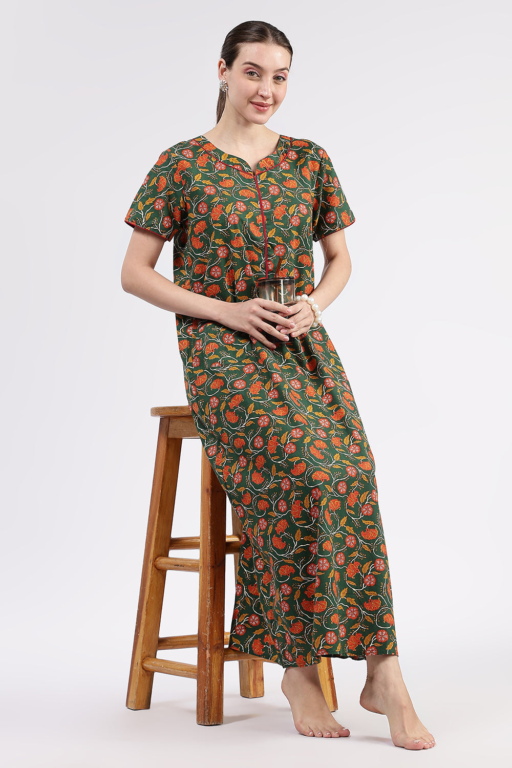 Naidu Hall Women’s Printed Cotton Full Length Nighty with Round Neck and Contrast Piping Detail
- Green - NA96