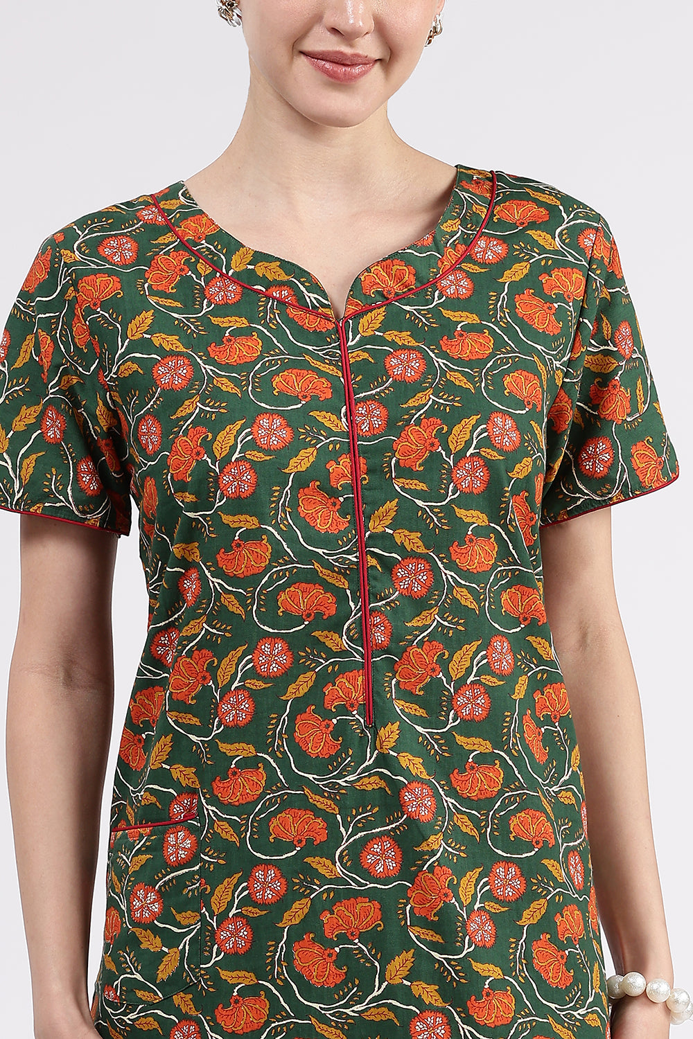 Naidu Hall Women’s Printed Cotton Full Length Nighty with Round Neck and Contrast Piping Detail
- Green - NA96