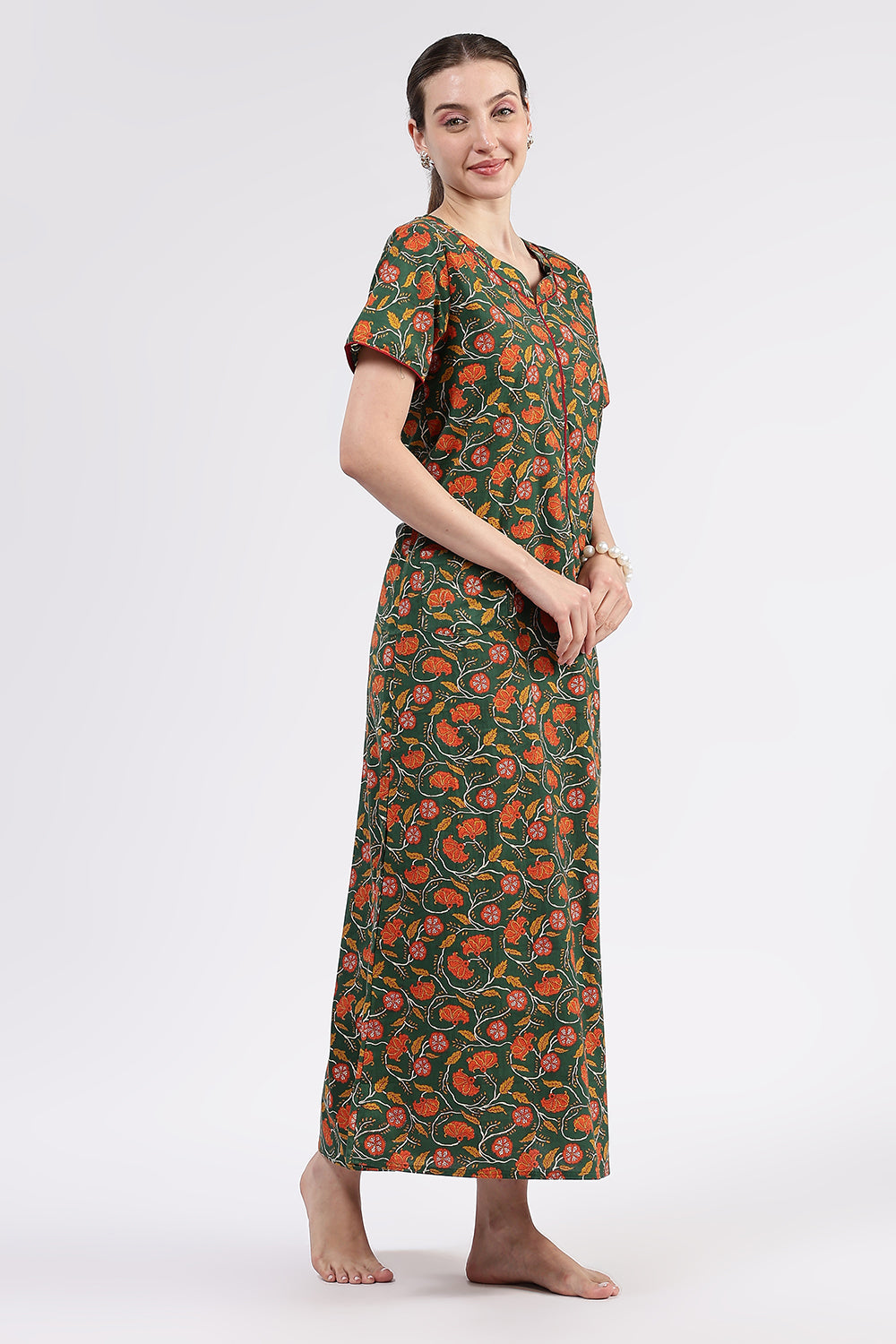 Naidu Hall Women’s Printed Cotton Full Length Nighty with Round Neck and Contrast Piping Detail
- Green - NA96