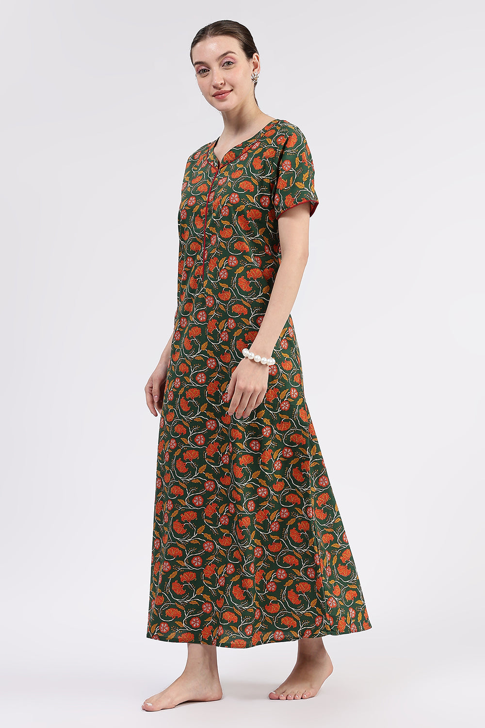 Naidu Hall Women’s Printed Cotton Full Length Nighty with Round Neck and Contrast Piping Detail
- Green - NA96