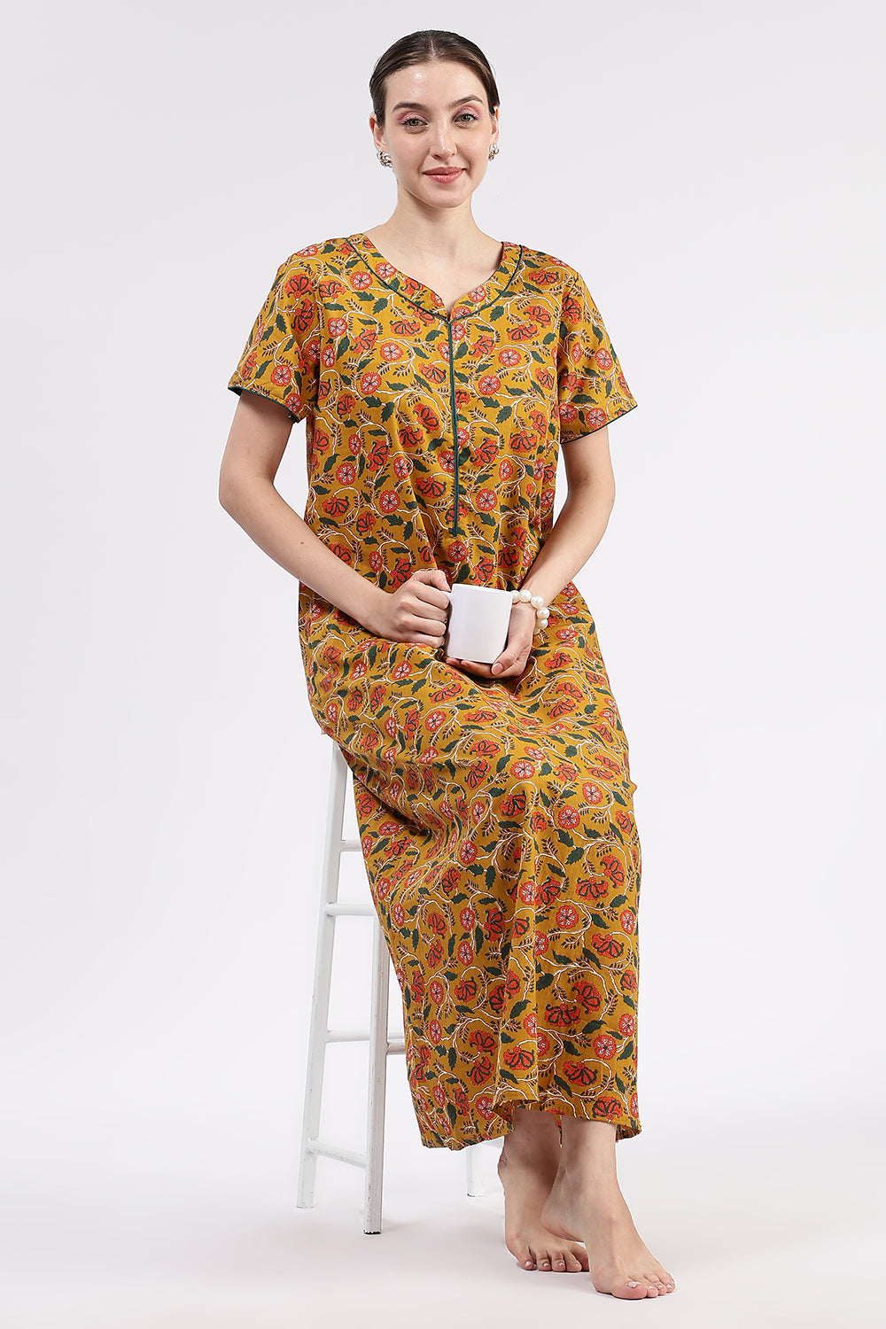 Naidu Hall Women’s Printed Cotton Full Length Nighty with Round Neck and Contrast Piping Detail
- Mustard - NA96