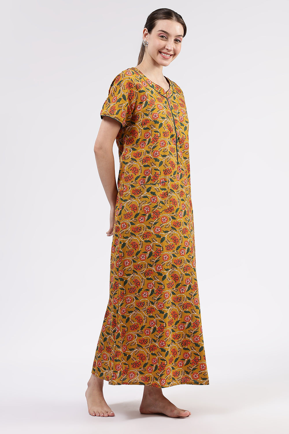 Naidu Hall Women’s Printed Cotton Full Length Nighty with Round Neck and Contrast Piping Detail
- Mustard - NA96
