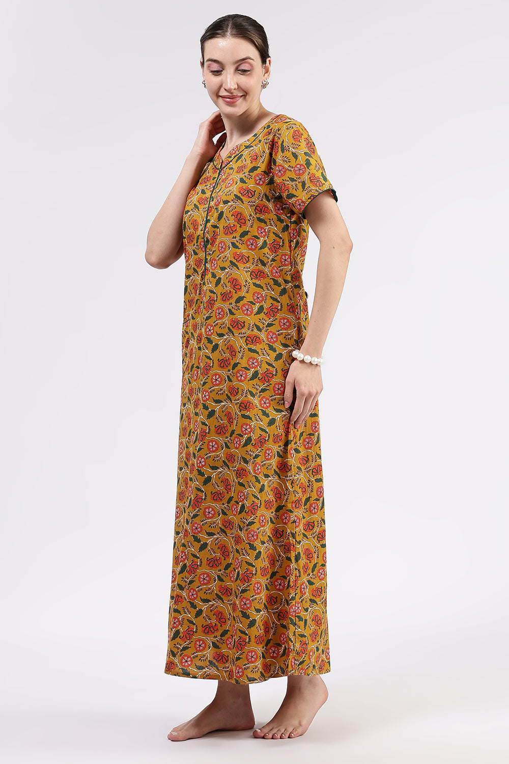 Naidu Hall Women’s Printed Cotton Full Length Nighty with Round Neck and Contrast Piping Detail
- Mustard - NA96