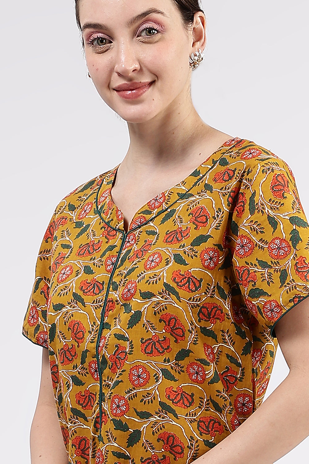 Naidu Hall Women’s Printed Cotton Full Length Nighty with Round Neck and Contrast Piping Detail
- Mustard - NA96
