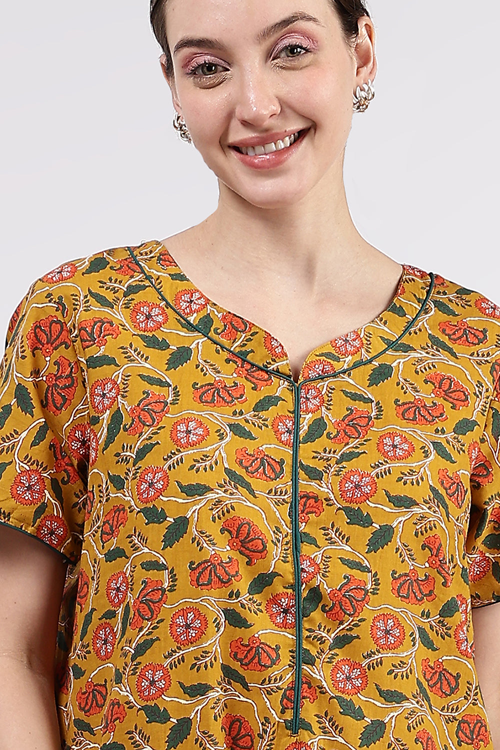 Naidu Hall Women’s Printed Cotton Full Length Nighty with Round Neck and Contrast Piping Detail
- Mustard - NA96