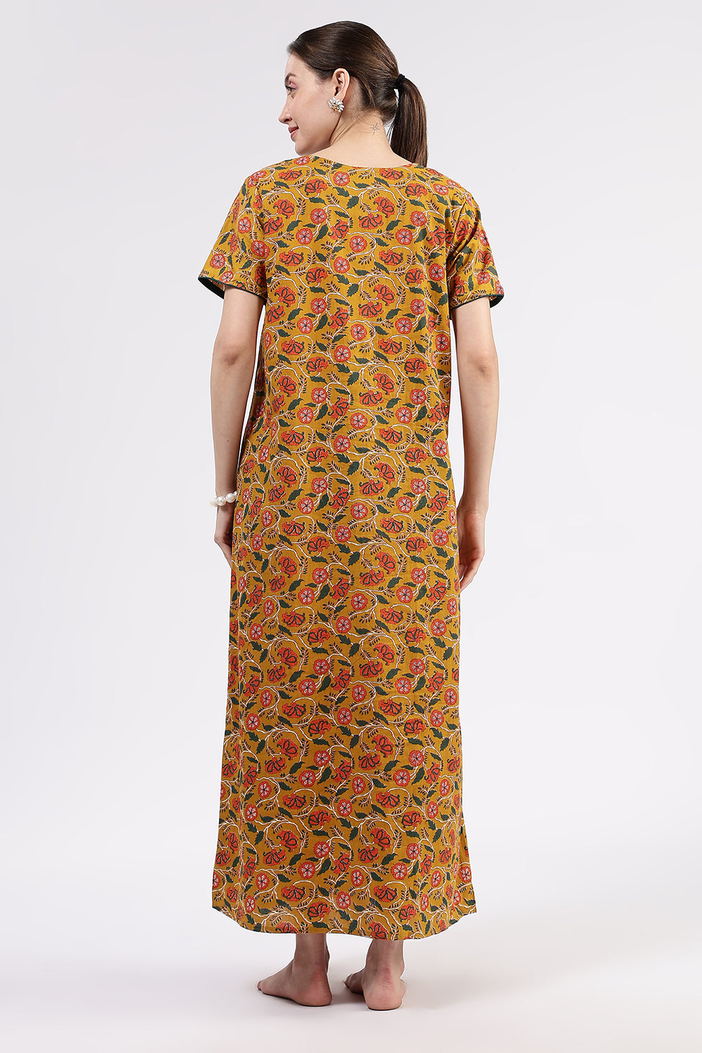 Naidu Hall Women’s Printed Cotton Full Length Nighty with Round Neck and Contrast Piping Detail
- Mustard - NA96