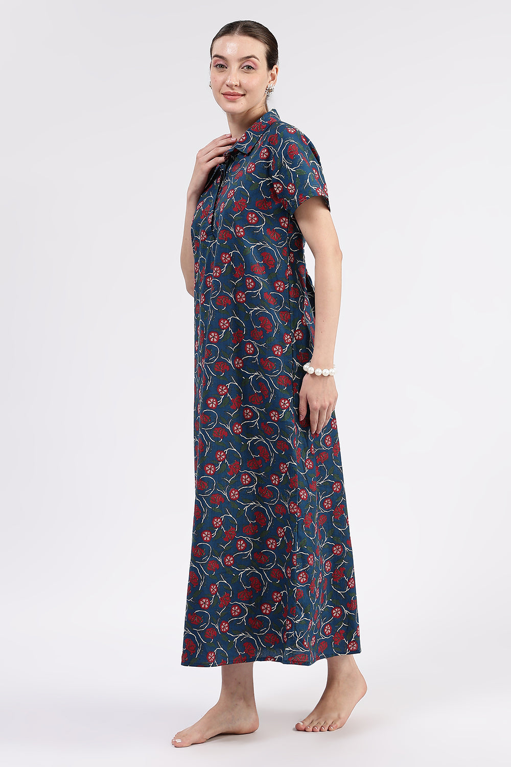 Naidu Hall Women’s Printed Cotton A Line Shirt Style Nighty with Collar and Button Down Placket
- Blue - NA97