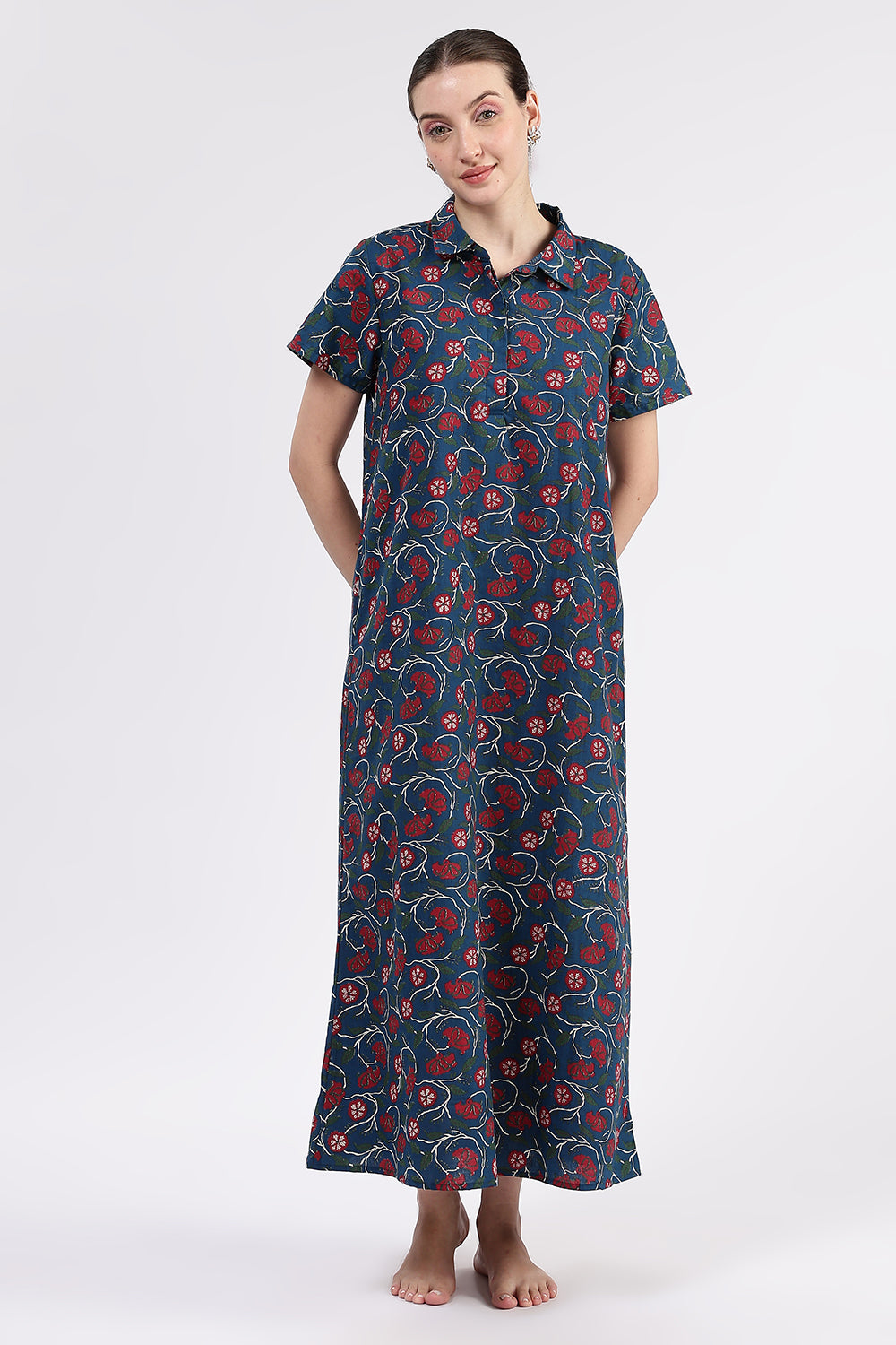 Naidu Hall Women’s Printed Cotton A Line Shirt Style Nighty with Collar and Button Down Placket
- Blue - NA97