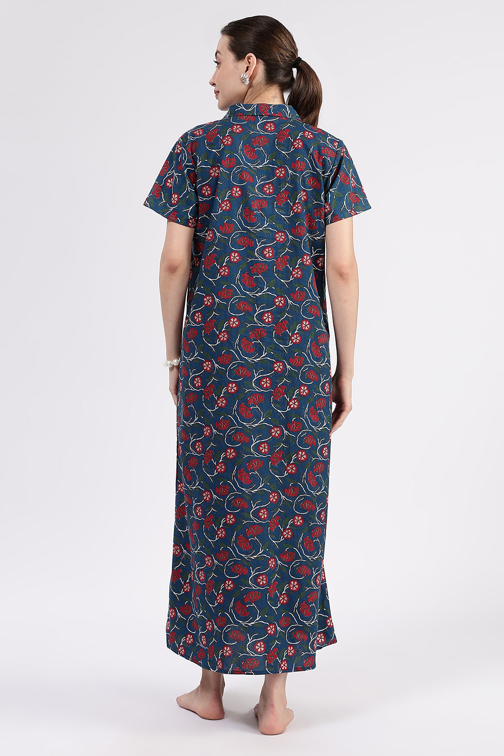 Naidu Hall Women’s Printed Cotton A Line Shirt Style Nighty with Collar and Button Down Placket
- Blue - NA97