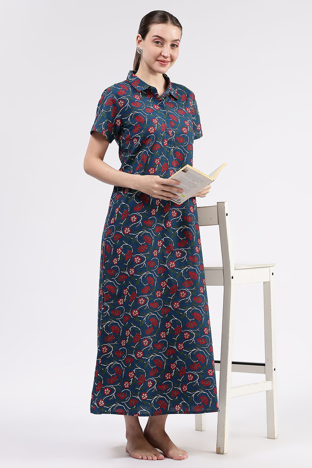 Naidu Hall Women’s Printed Cotton A Line Shirt Style Nighty with Collar and Button Down Placket
- Blue - NA97