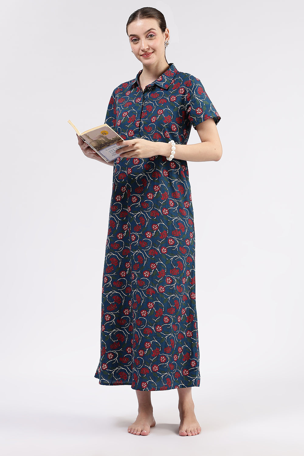 Naidu Hall Women’s Printed Cotton A Line Shirt Style Nighty with Collar and Button Down Placket
- Blue - NA97
