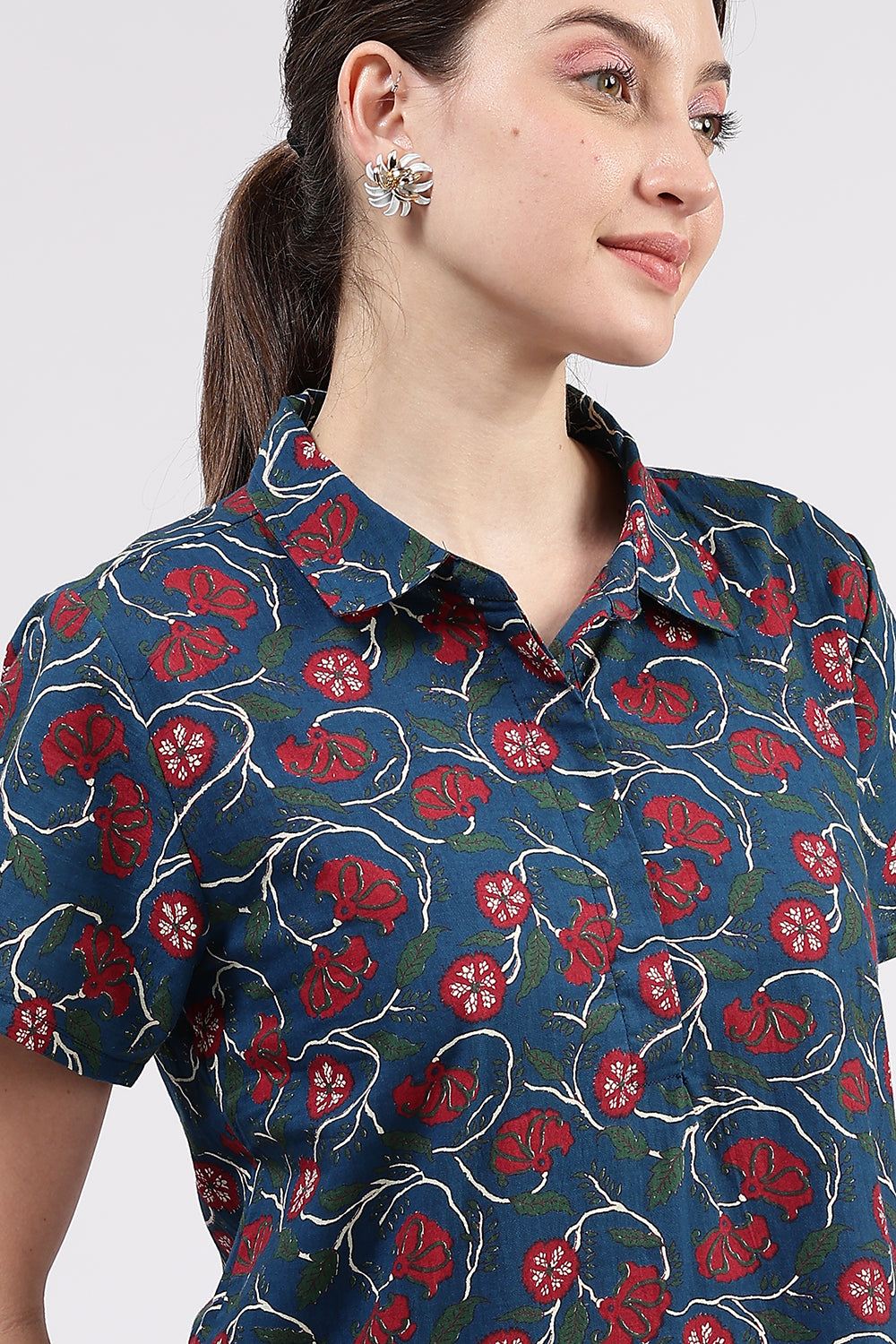 Naidu Hall Women’s Printed Cotton A Line Shirt Style Nighty with Collar and Button Down Placket
- Blue - NA97