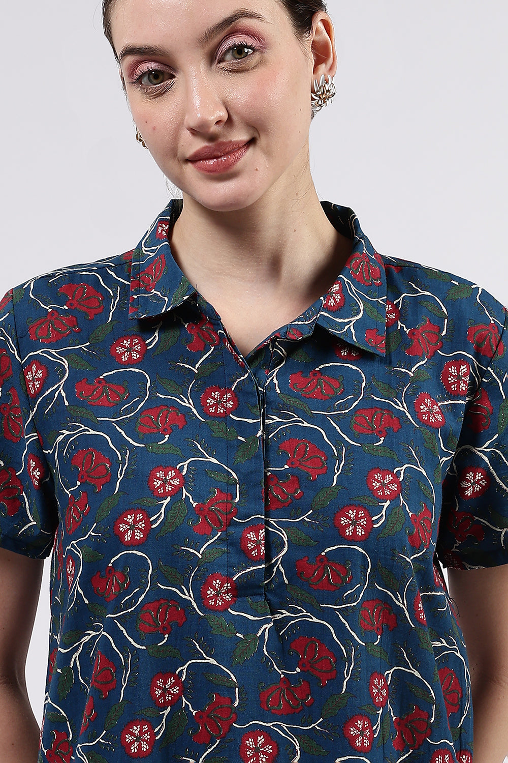 Naidu Hall Women’s Printed Cotton A Line Shirt Style Nighty with Collar and Button Down Placket
- Blue - NA97