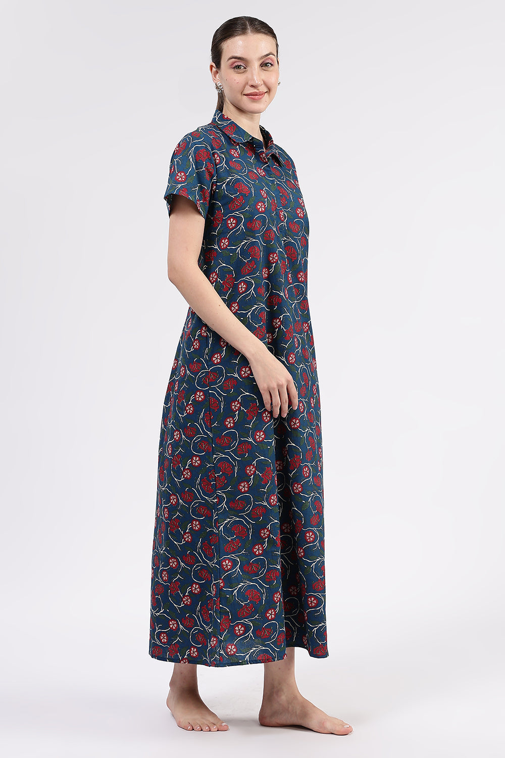 Naidu Hall Women’s Printed Cotton A Line Shirt Style Nighty with Collar and Button Down Placket
- Blue - NA97