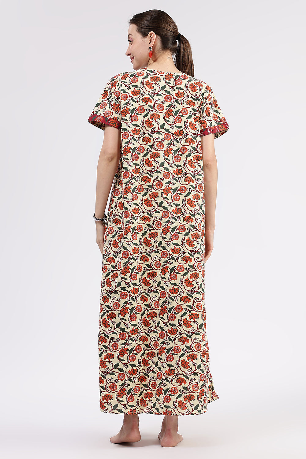 Naidu Hall Women’s Printed Cotton Full-Length Nighty with V-Neck Patchwork and Contrast Border Sleeves
- NA98