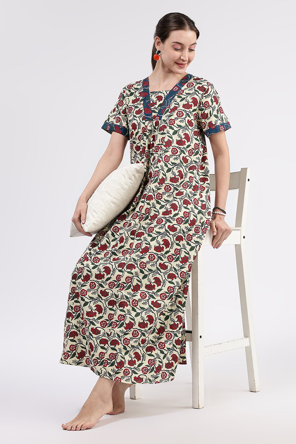 Naidu Hall Women’s Printed Cotton Full Length Nighty with Contrast V Neck Patchwork Detailing
- White - NA98