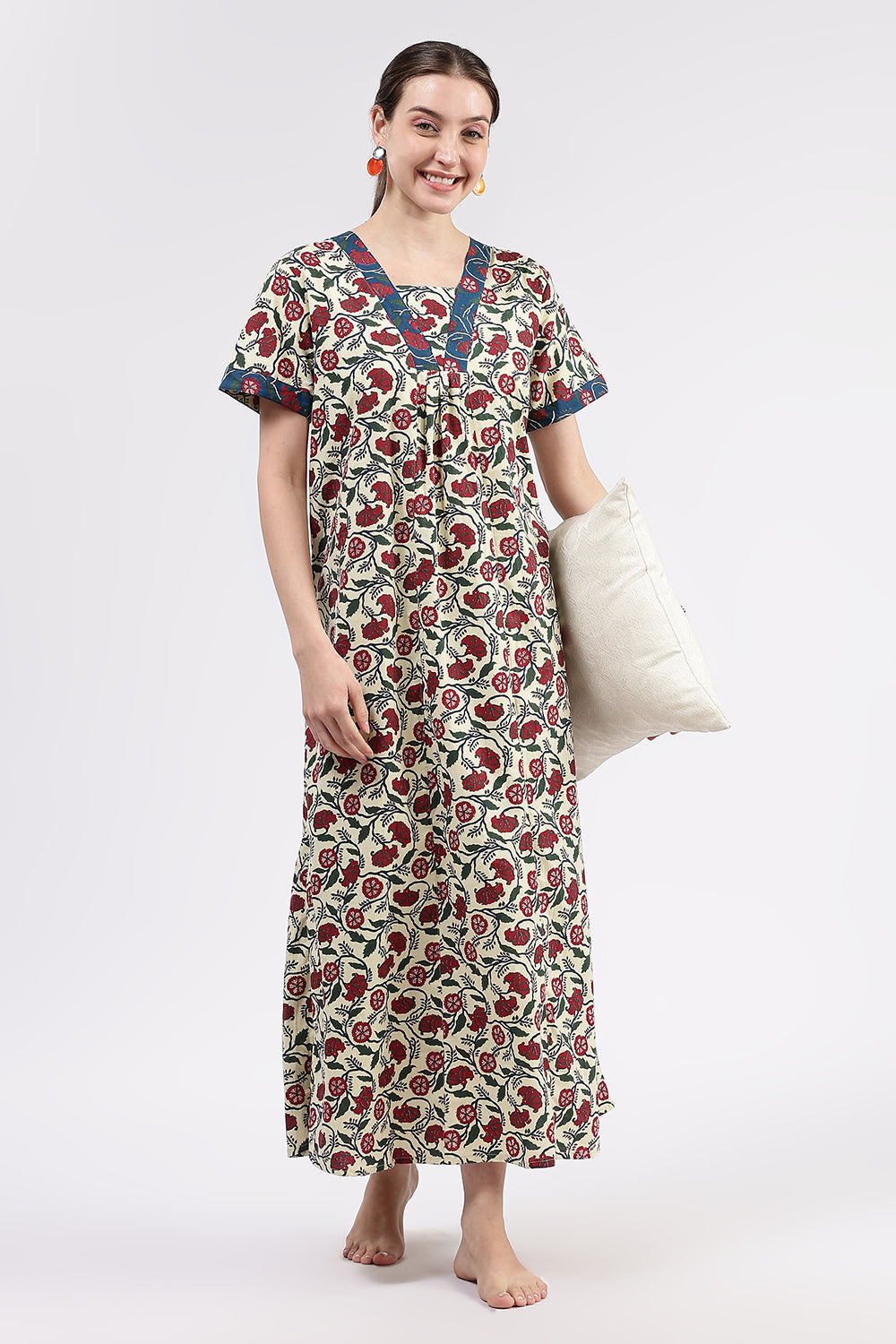 Naidu Hall Women’s Printed Cotton Full Length Nighty with Contrast V Neck Patchwork Detailing
- White - NA98