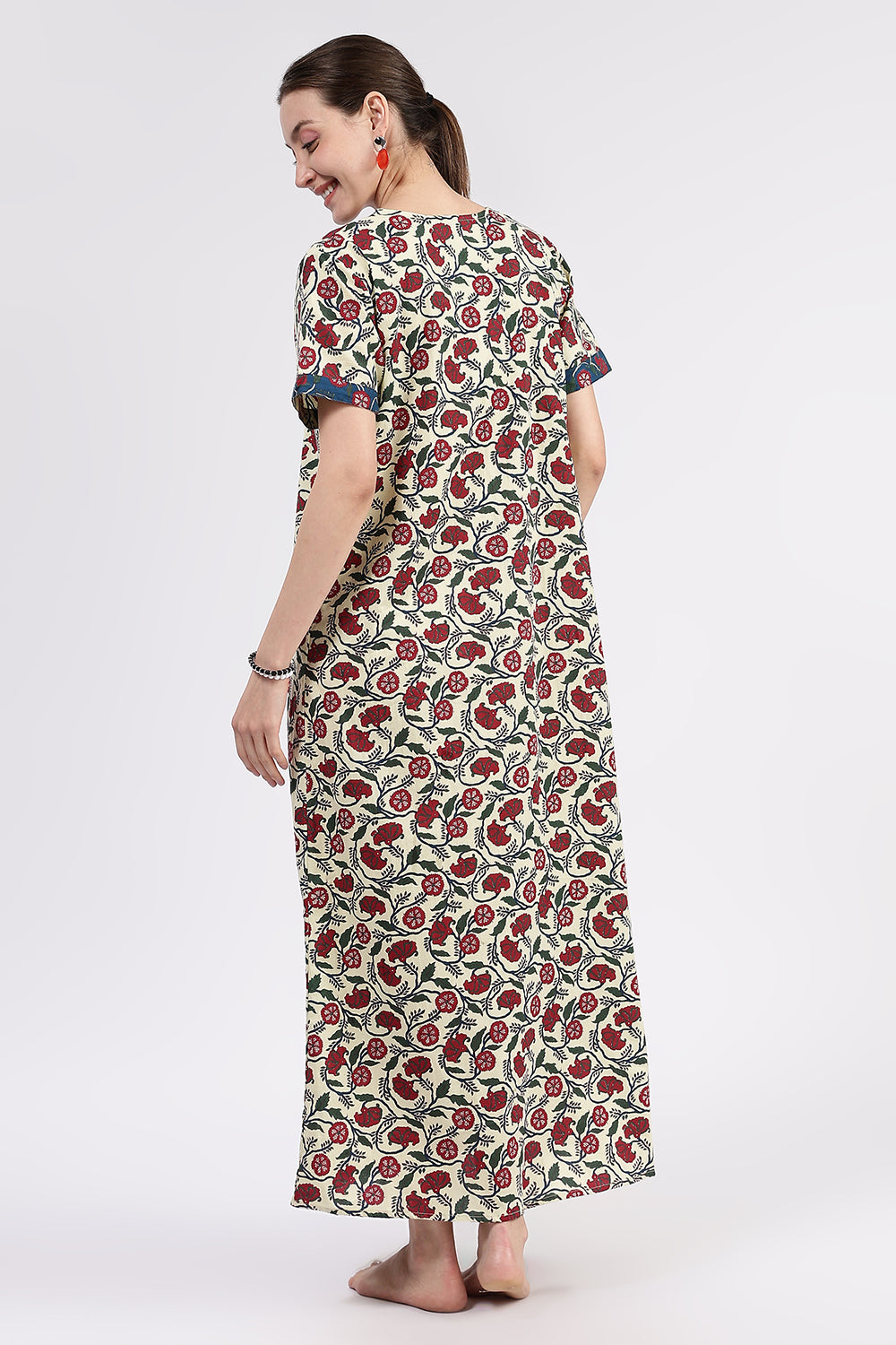 Naidu Hall Women’s Printed Cotton Full-Length Nighty with V-Neck Patchwork and Contrast Border Sleeves
- NA98