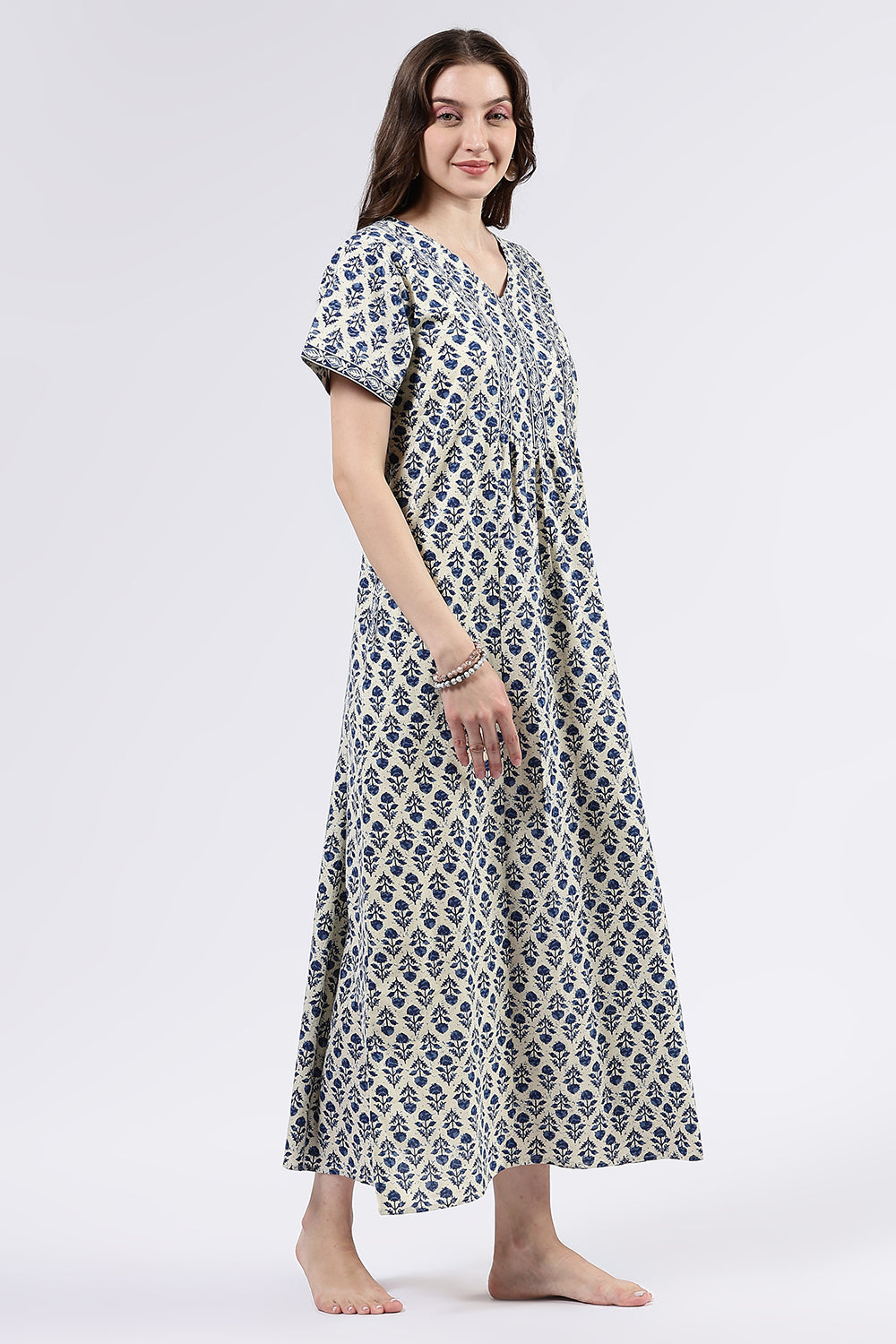 Naidu Hall Women’s Printed Cotton Full Length Nighty with V Neck and Princess Panel Design
- Blue - NA99