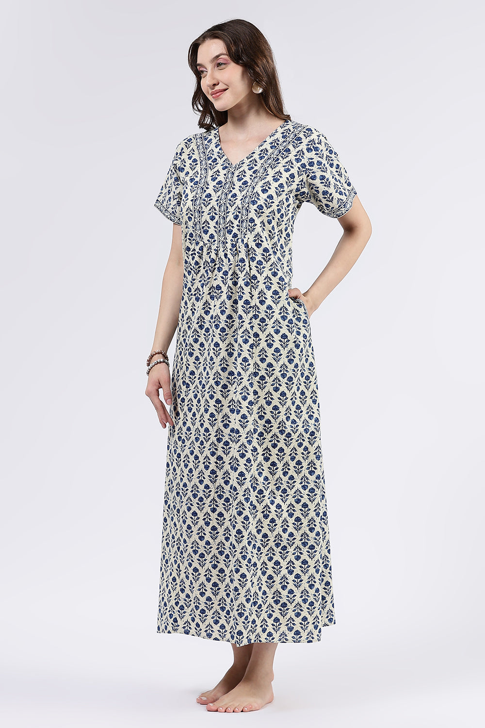 Naidu Hall Women’s Printed Cotton Full Length Nighty with V Neck and Princess Panel Design
- Blue - NA99