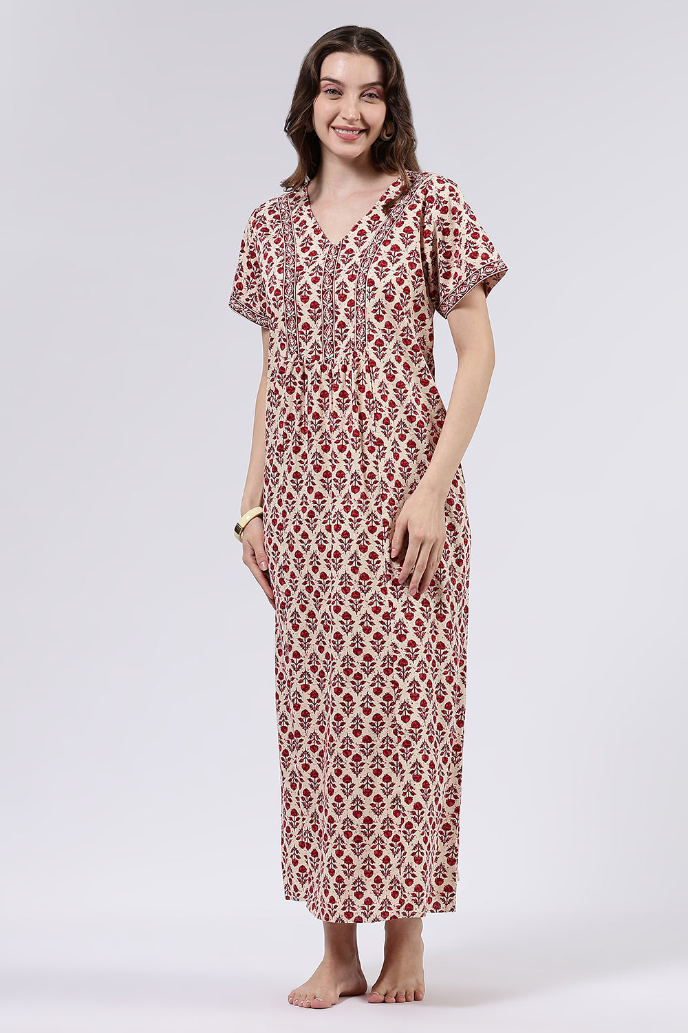 Naidu Hall Women’s Printed Cotton Full Length Nighty with V Neck and Princess Panel Design
- Red - NA99