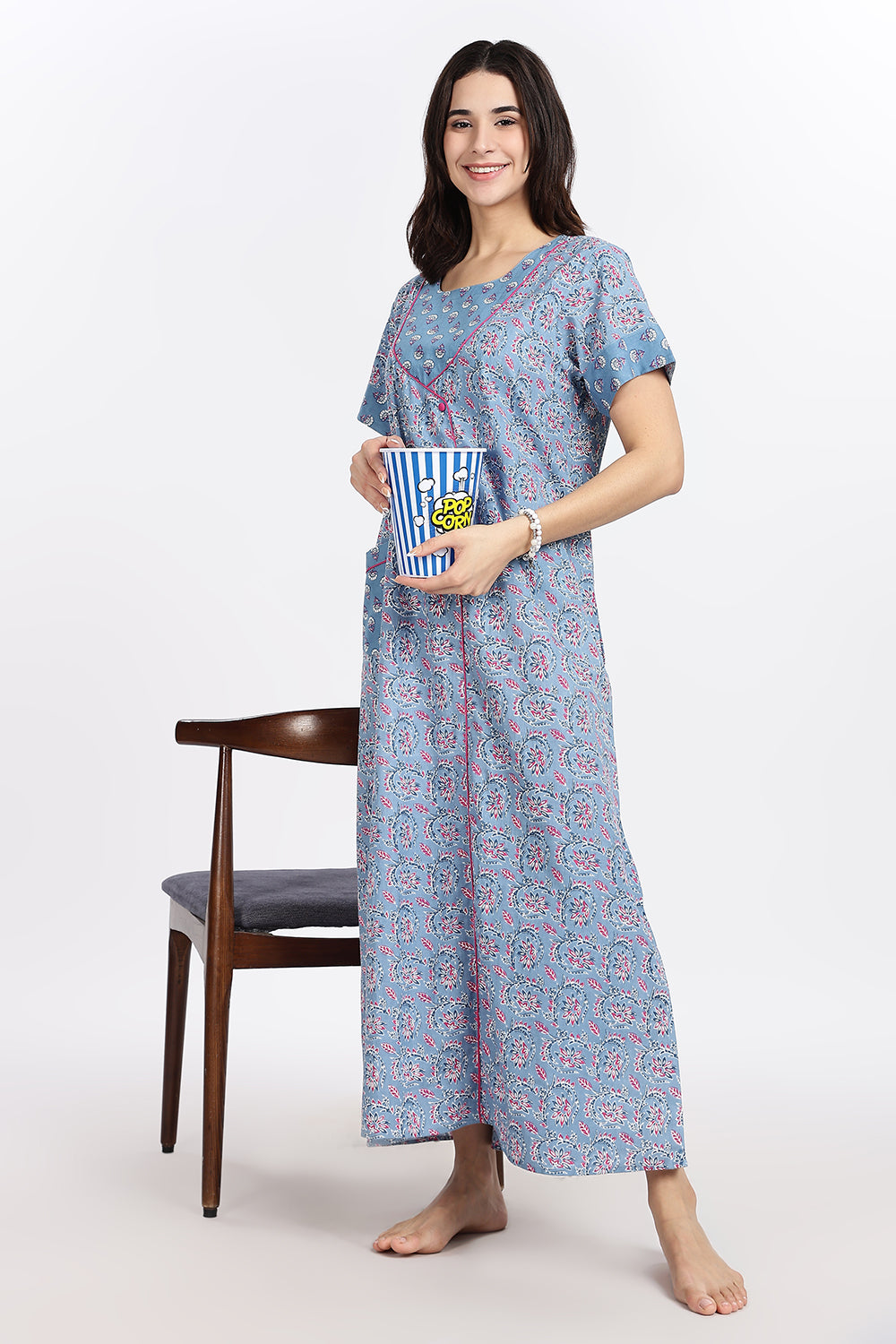 Naidu Hall Women’s Front-Open Floral Printed Cotton-Blend Nighty | Layered V-Neck, Short Sleeves, A-Line Fit
- NB01