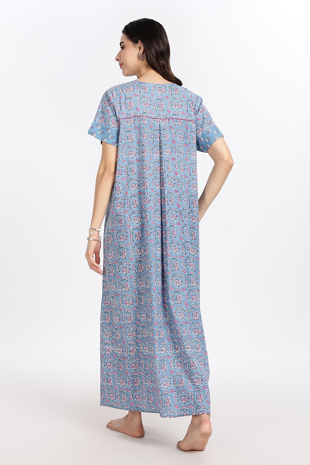 Naidu Hall Women’s Front-Open Floral Printed Cotton-Blend Nighty | Layered V-Neck, Short Sleeves, A-Line Fit
- NB01