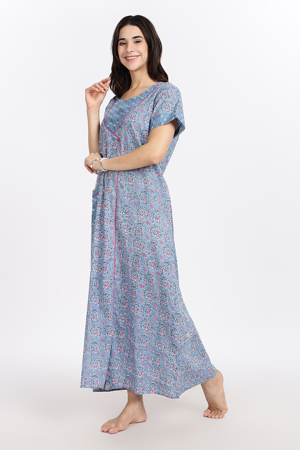 Naidu Hall Women’s Front-Open Floral Printed Cotton-Blend Nighty | Layered V-Neck, Short Sleeves, A-Line Fit
- NB01