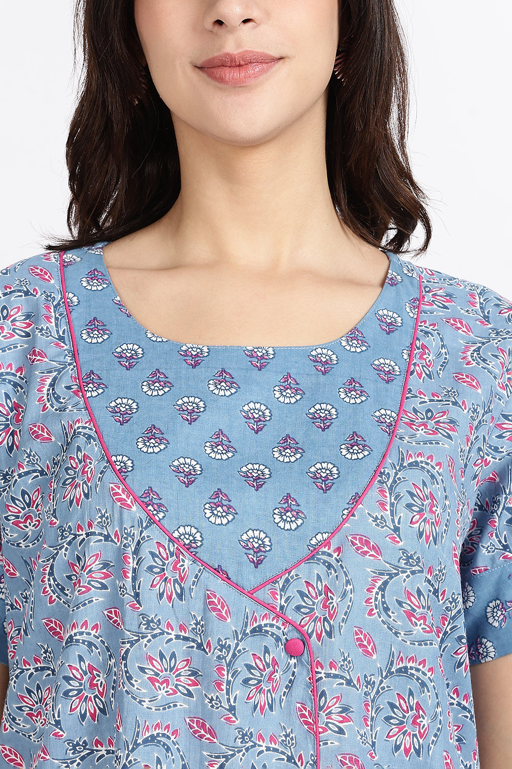 Naidu Hall Women’s Front-Open Floral Printed Cotton-Blend Nighty | Layered V-Neck, Short Sleeves, A-Line Fit
- NB01