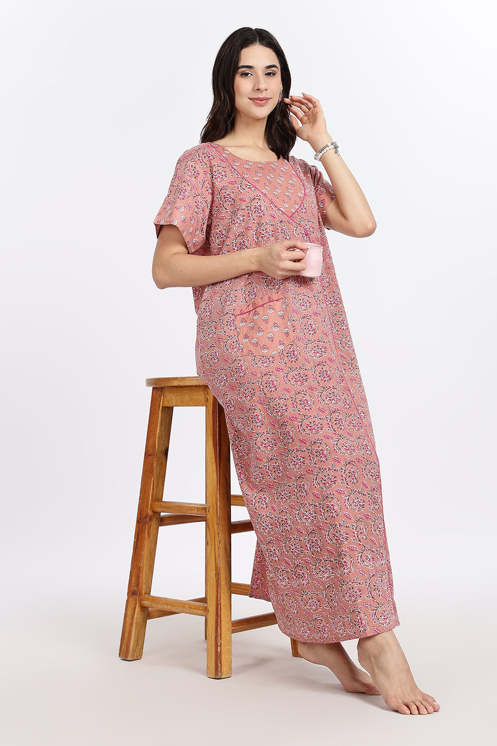 Naidu Hall Women’s Front-Open Floral Printed Cotton-Blend Nighty | Layered V-Neck, Short Sleeves, A-Line Fit
- NB01