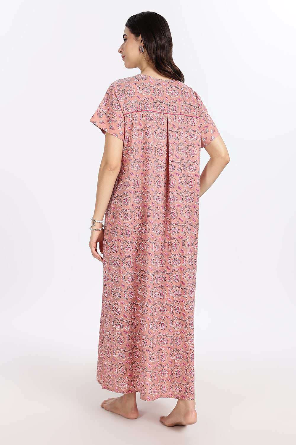 Naidu Hall Women’s Front-Open Floral Printed Cotton-Blend Nighty | Layered V-Neck, Short Sleeves, A-Line Fit
- NB01