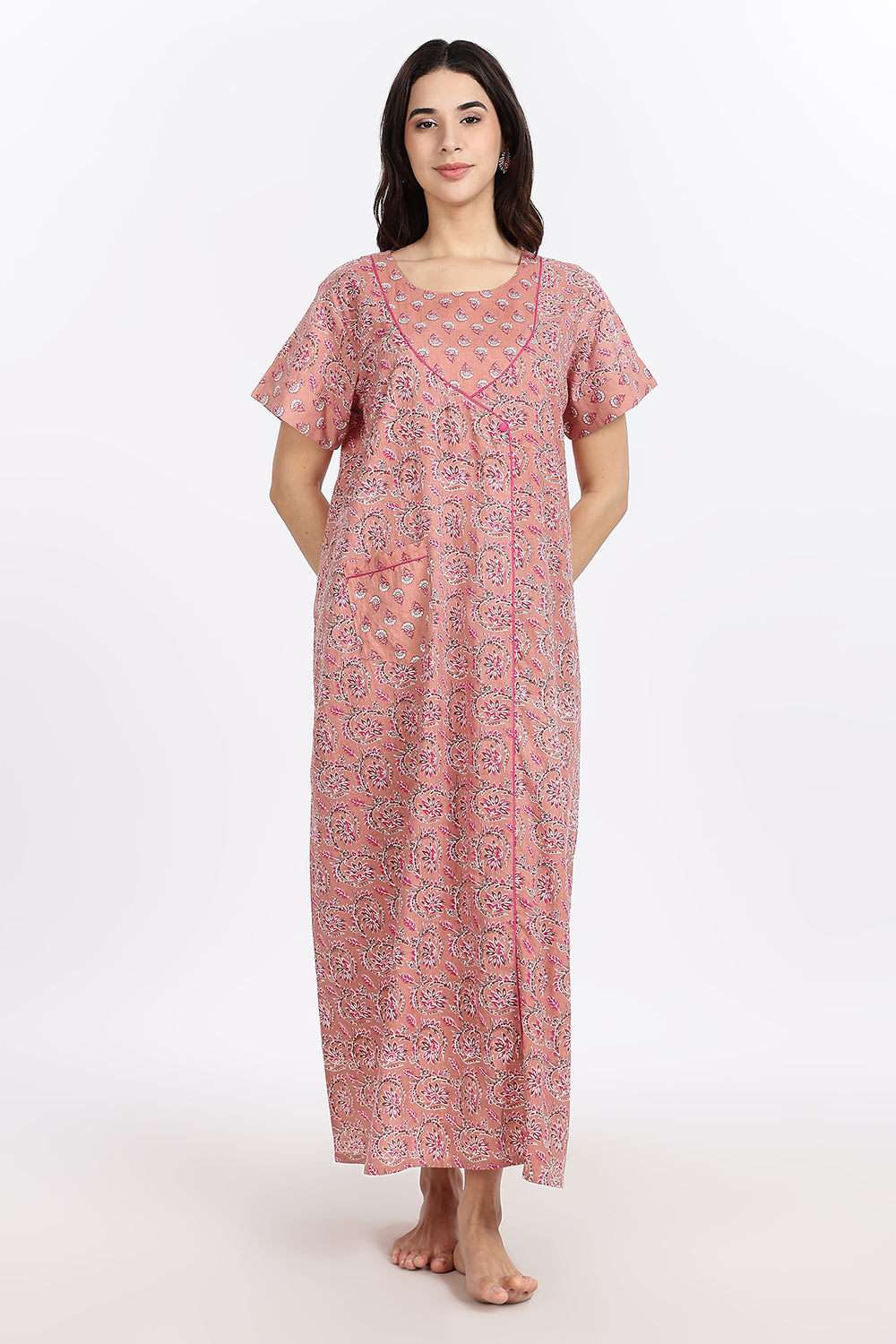 Naidu Hall Women’s Front-Open Floral Printed Cotton-Blend Nighty | Layered V-Neck, Short Sleeves, A-Line Fit
- NB01