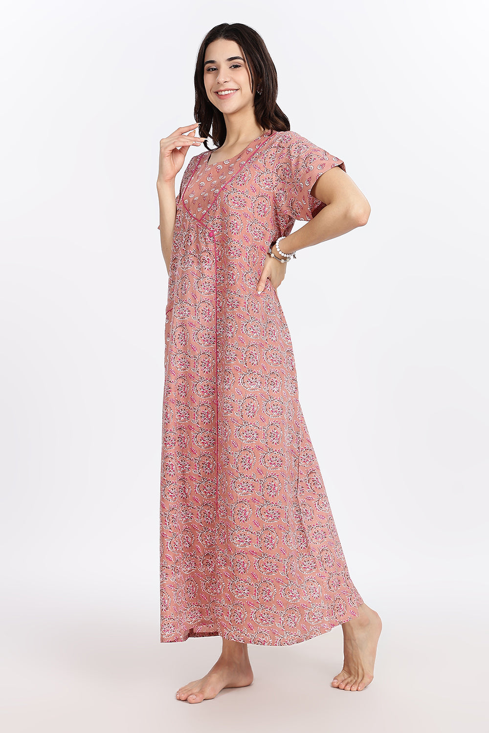 Naidu Hall Women’s Front-Open Floral Printed Cotton-Blend Nighty | Layered V-Neck, Short Sleeves, A-Line Fit
- NB01