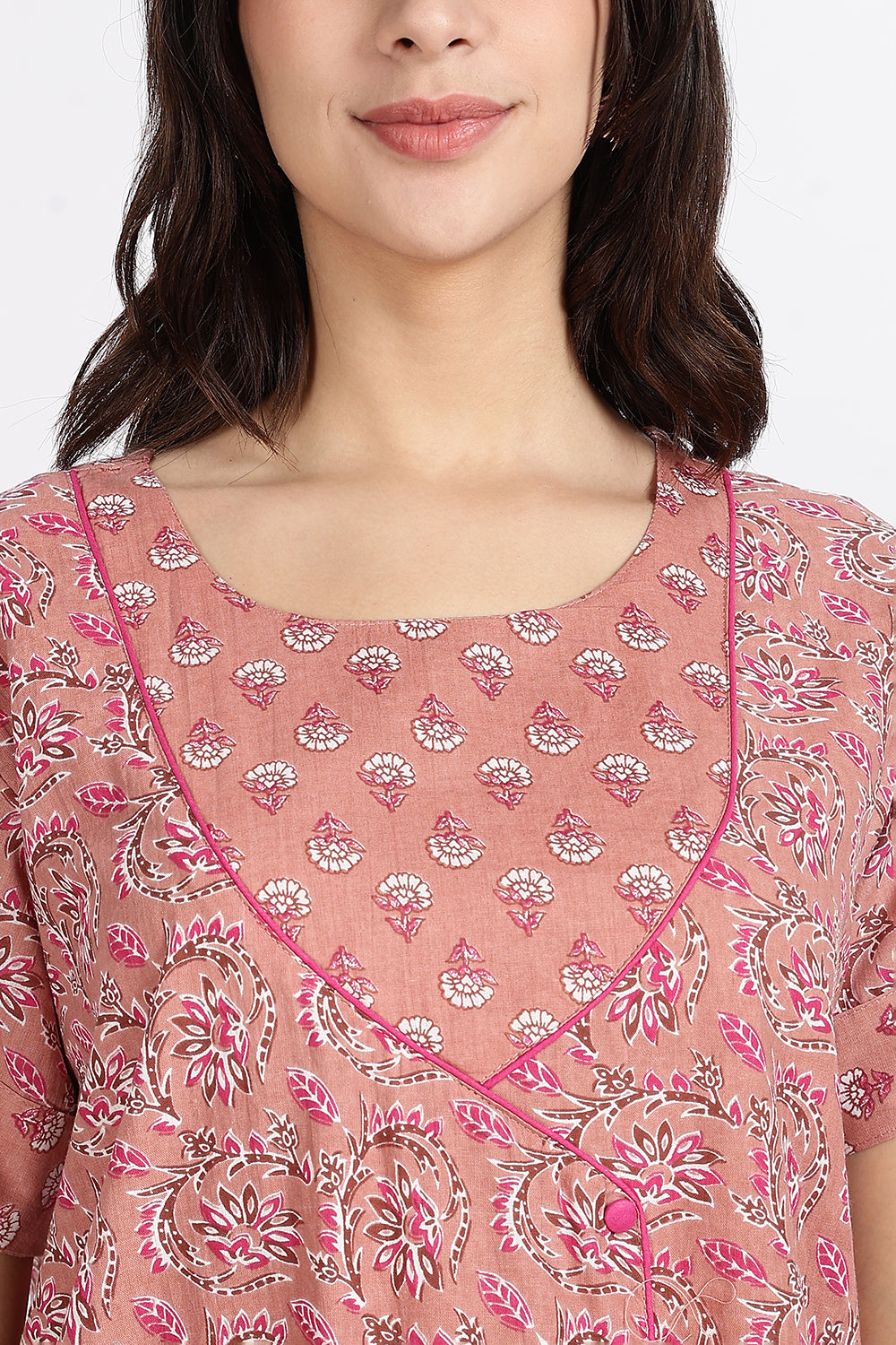 Naidu Hall Women’s Front-Open Floral Printed Cotton-Blend Nighty | Layered V-Neck, Short Sleeves, A-Line Fit
- NB01