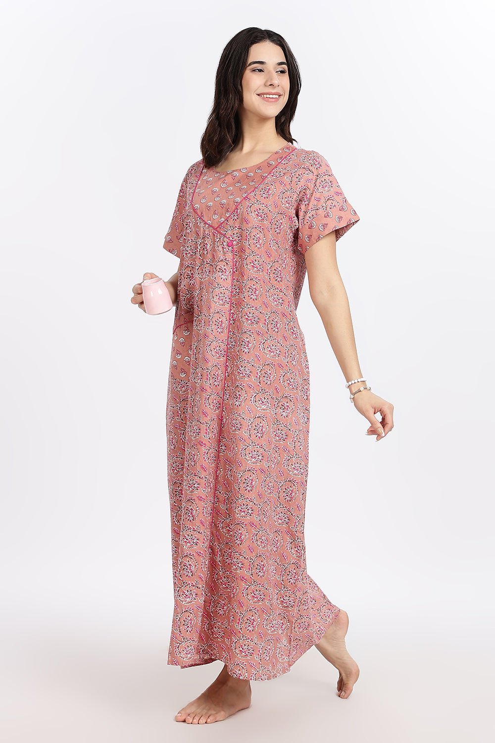 Naidu Hall Women’s Front-Open Floral Printed Cotton-Blend Nighty | Layered V-Neck, Short Sleeves, A-Line Fit
- NB01