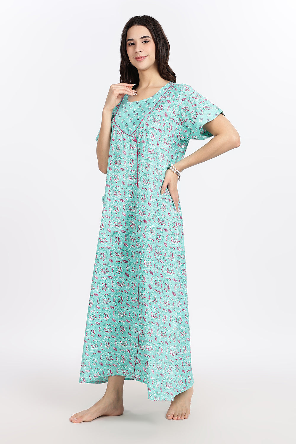 Naidu Hall Women’s Front-Open Floral Printed Cotton-Blend Nighty | Layered V-Neck, Short Sleeves, A-Line Fit
- NB01