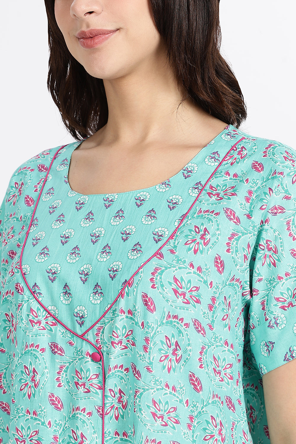 Naidu Hall Women’s Front-Open Floral Printed Cotton-Blend Nighty | Layered V-Neck, Short Sleeves, A-Line Fit
- NB01