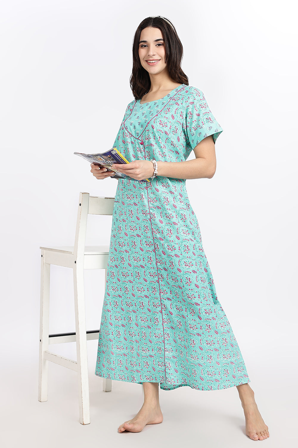 Naidu Hall Women’s Front-Open Floral Printed Cotton-Blend Nighty | Layered V-Neck, Short Sleeves, A-Line Fit
- NB01