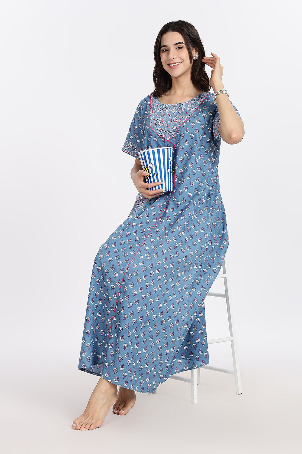 Naidu Hall Women’s Front-Open Floral Printed Cotton-Blend Nighty | Layered V-Neck, Short Sleeves, A-Line Fit
- NB02