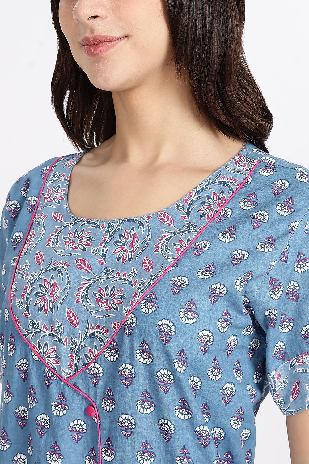 Naidu Hall Women’s Front-Open Floral Printed Cotton-Blend Nighty | Layered V-Neck, Short Sleeves, A-Line Fit
- NB02