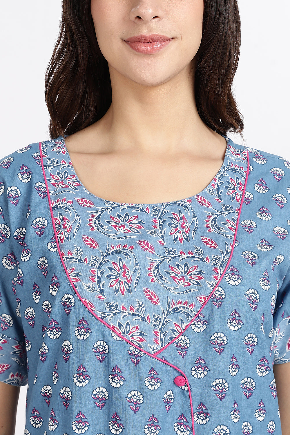 Naidu Hall Women’s Front-Open Floral Printed Cotton-Blend Nighty | Layered V-Neck, Short Sleeves, A-Line Fit
- NB02