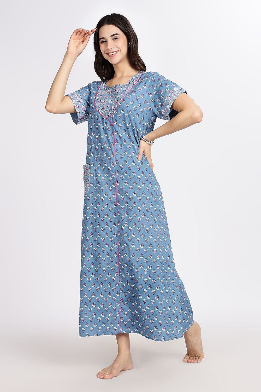 Naidu Hall Women’s Front-Open Floral Printed Cotton-Blend Nighty | Layered V-Neck, Short Sleeves, A-Line Fit
- NB02