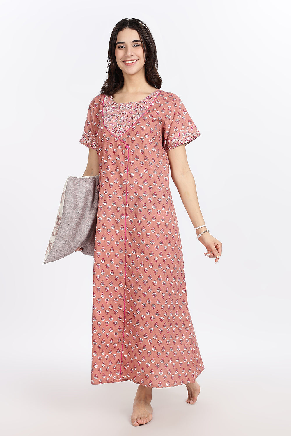 Naidu Hall Women’s Front-Open Floral Printed Cotton-Blend Nighty | Layered V-Neck, Short Sleeves, A-Line Fit
- NB02