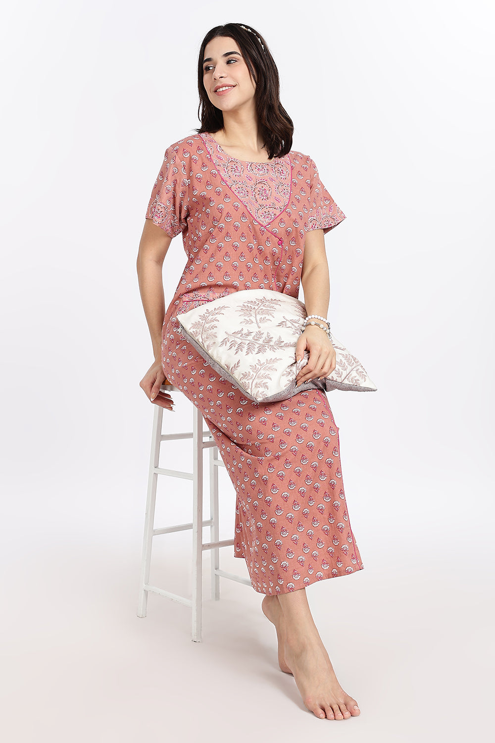 Naidu Hall Women’s Front-Open Floral Printed Cotton-Blend Nighty | Layered V-Neck, Short Sleeves, A-Line Fit
- NB02