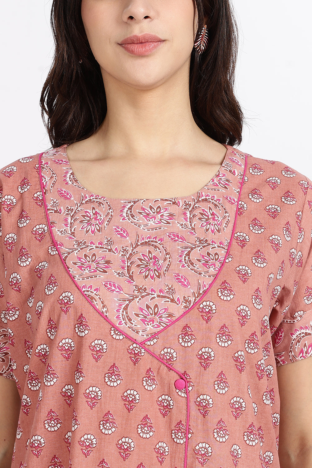 Naidu Hall Women’s Front-Open Floral Printed Cotton-Blend Nighty | Layered V-Neck, Short Sleeves, A-Line Fit
- NB02