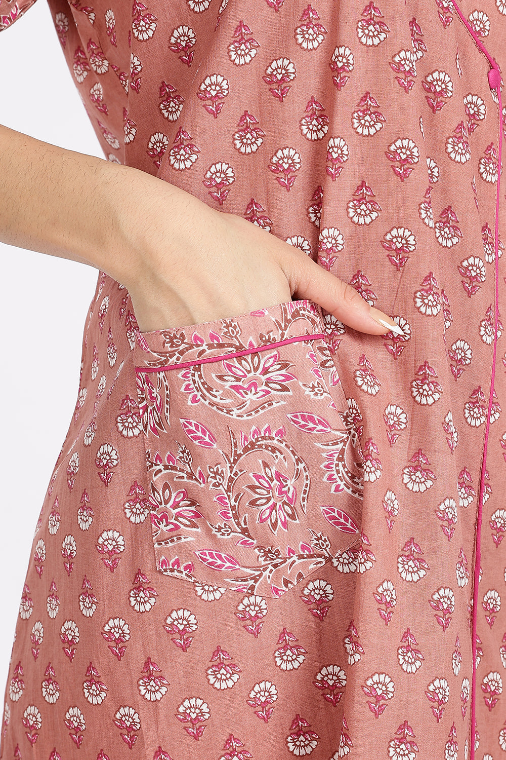 Naidu Hall Women’s Front-Open Floral Printed Cotton-Blend Nighty | Layered V-Neck, Short Sleeves, A-Line Fit
- NB02