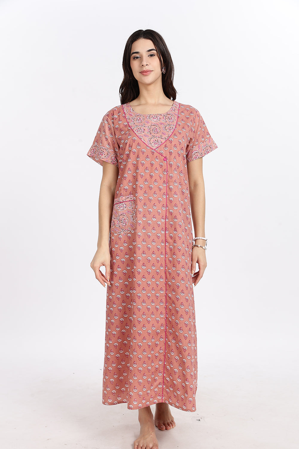 Naidu Hall Women’s Front-Open Floral Printed Cotton-Blend Nighty | Layered V-Neck, Short Sleeves, A-Line Fit
- NB02