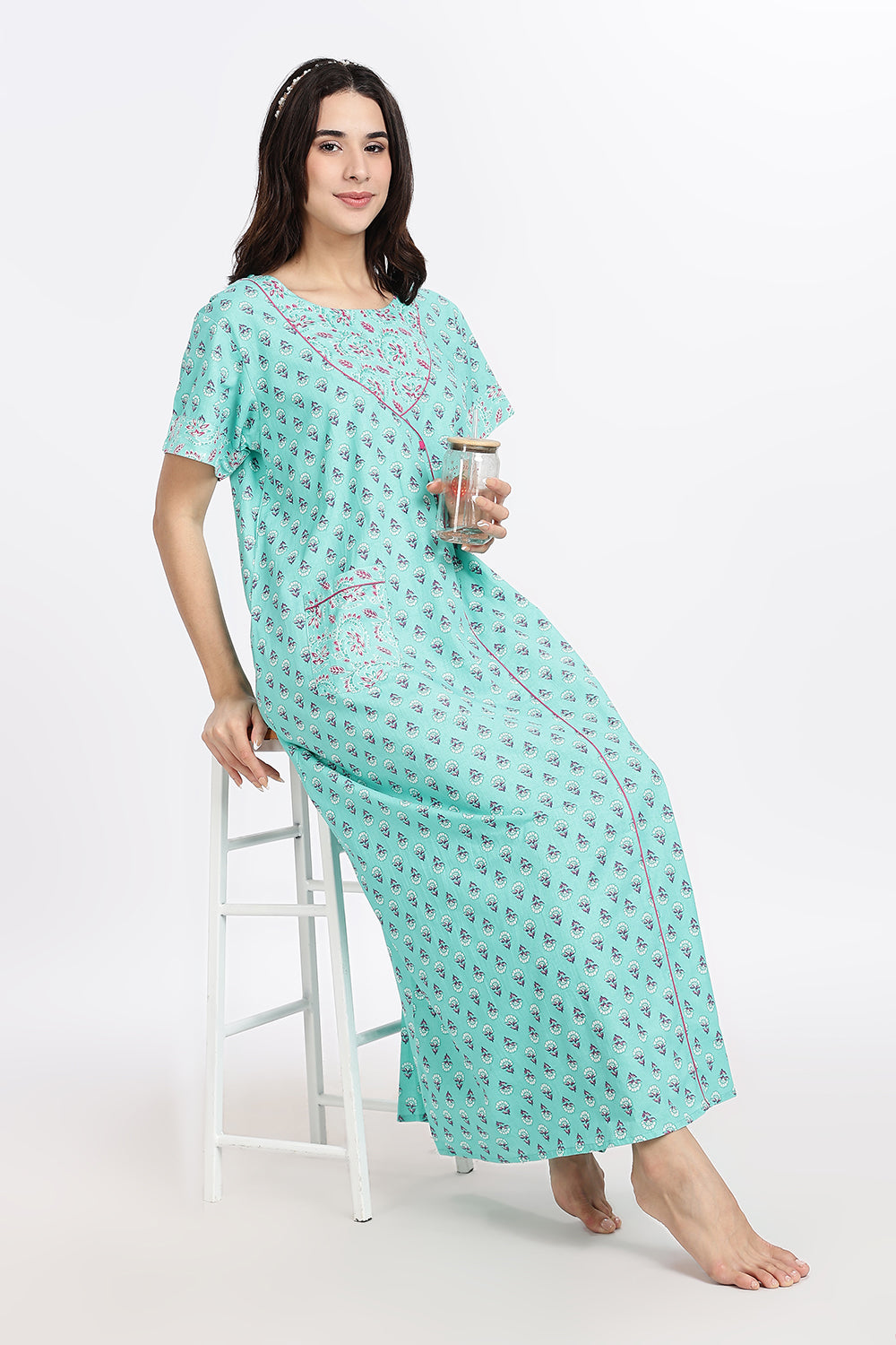 Naidu Hall Women’s Front-Open Floral Printed Cotton-Blend Nighty | Layered V-Neck, Short Sleeves, A-Line Fit
- NB02