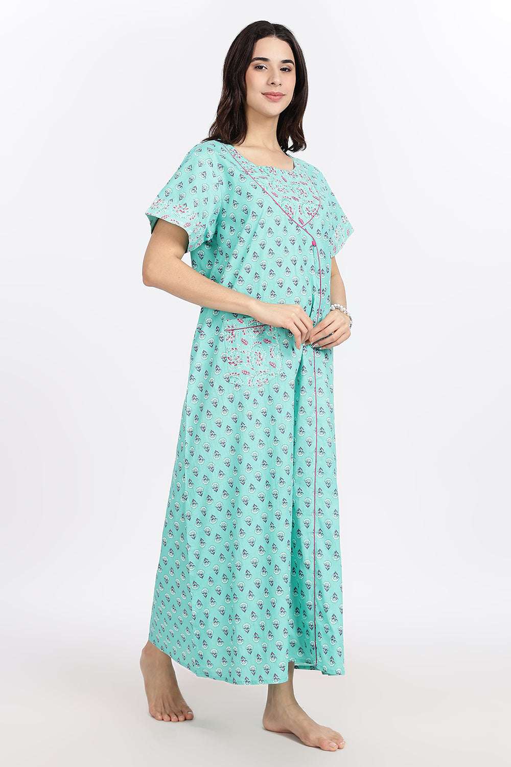 Naidu Hall Women’s Front-Open Floral Printed Cotton-Blend Nighty | Layered V-Neck, Short Sleeves, A-Line Fit
- NB02